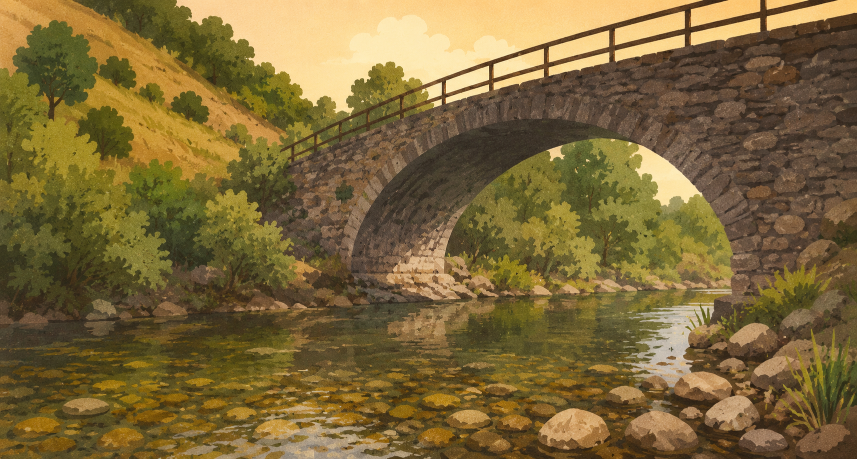 Paisaje del río Torío con puente de piedra